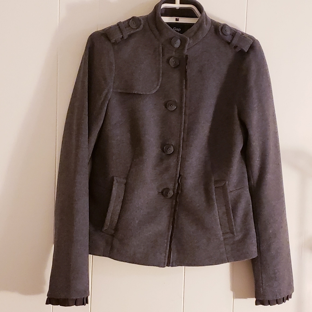 Gap Women Jacket Size 4 Gray Button Front Wool Blend Grosgrain Ribbon Trim.